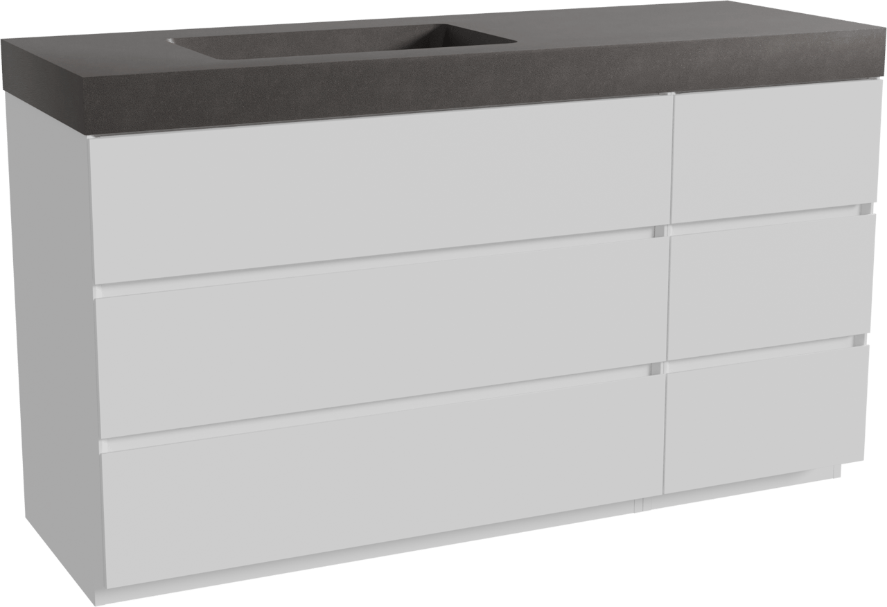 Storke Edge staand badkamermeubel 150 x 52 cm mat wit met Scuro High asymmetrisch linkse wastafel in kwarts mat zwart