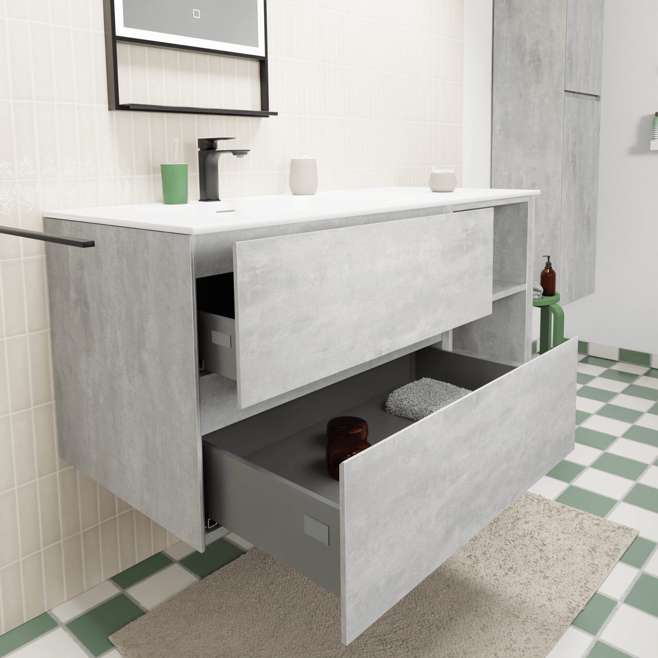 Storke Edge zwevend badkamermeubel 120 x 52 cm beton donkergrijs met Mata asymmetrisch linkse wastafel in solid surface mat wit