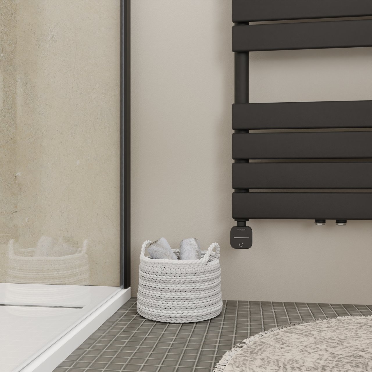 Vipera Vulcan enkele handdoekradiator 70 x 190 cm elektrische verwarming mat zwart zij- en middenaansluiting 1200W, weerstand inbegrepen
