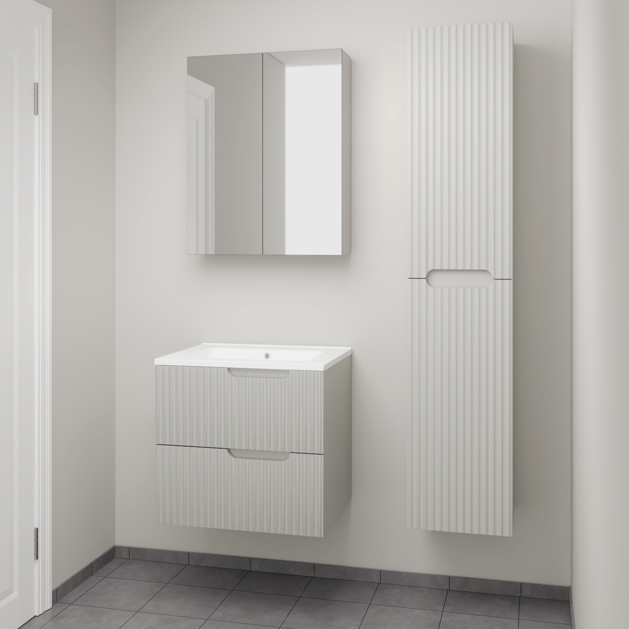 Linie Ribbo zwevend badkamermeubel 60 x 46 cm greige met Vano enkele wastafel in composietmarmer mat wit, Verticale symmetrische ronde ribbel, Montro spiegelkast en Ribbo badkamerkast