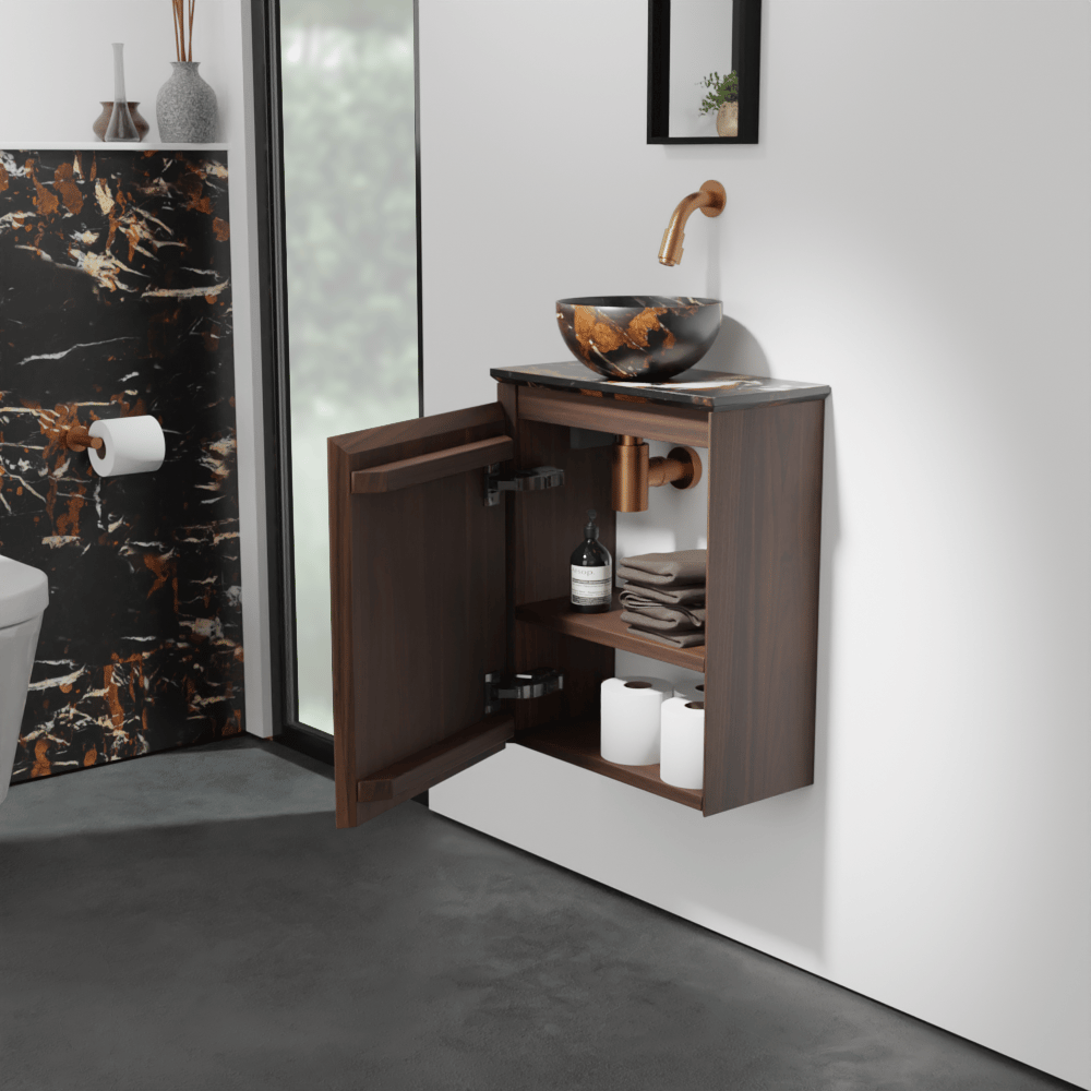 Balmani Mitra meuble wc suspendu 42 x 21 cm noyer américain avec Facetta tablette et Bari XS vaque à poser en marbre Portoro Gold