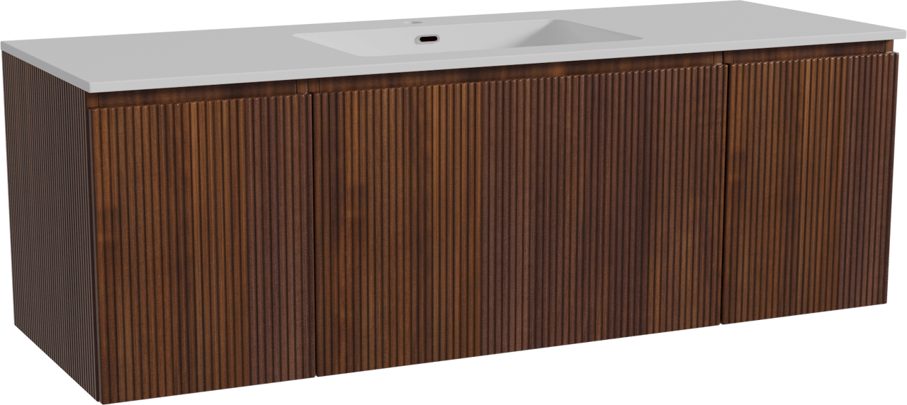 Storke Ribs zwevend badmeubel 145 x 52 cm notenhout met Diva enkele wastafel in composietmarmer hoogglans wit, Verticale symmetrische rechte ribbel