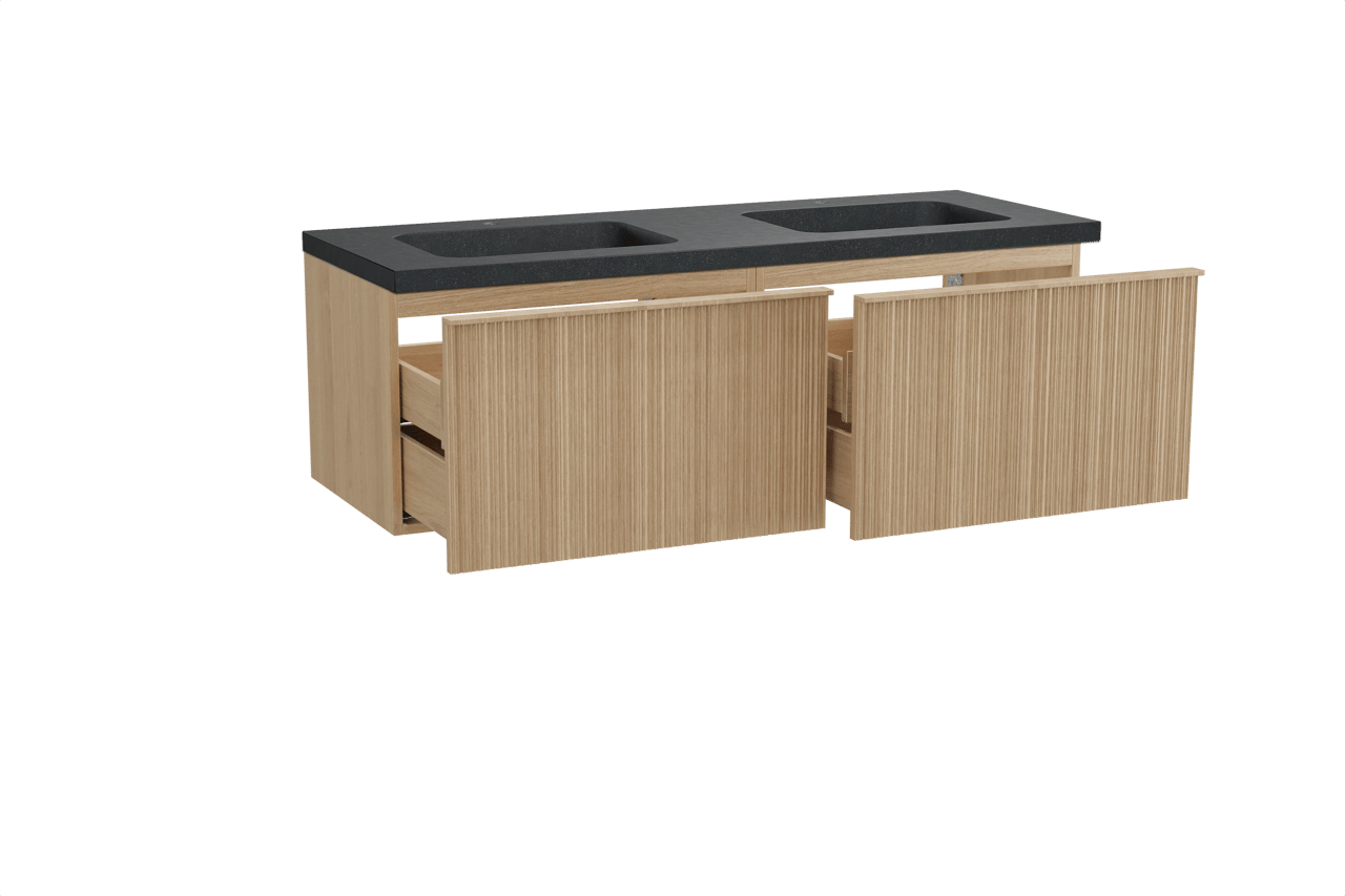 Balmani Forma zwevend badkamermeubel 150 x 55 cm natuur eik met Napoli dubbele wastafel in graniet zwart, Verticale asymmetrische ronde ribbel