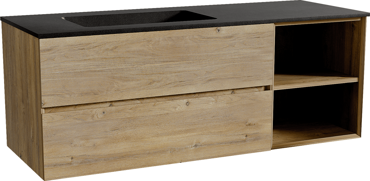 Storke Edge meuble salle de bains suspendu 140 x 52 cm chêne brut avec Scuro plan vasque asymétrique à gauche en quartz noir mat