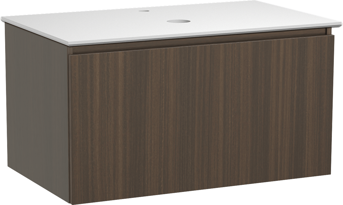 Balmani Sfera by Lucida zwevend badmeubel 90 x 55 cm eucalyptus met Facetta enkel wastafelblad in solid surface mat wit