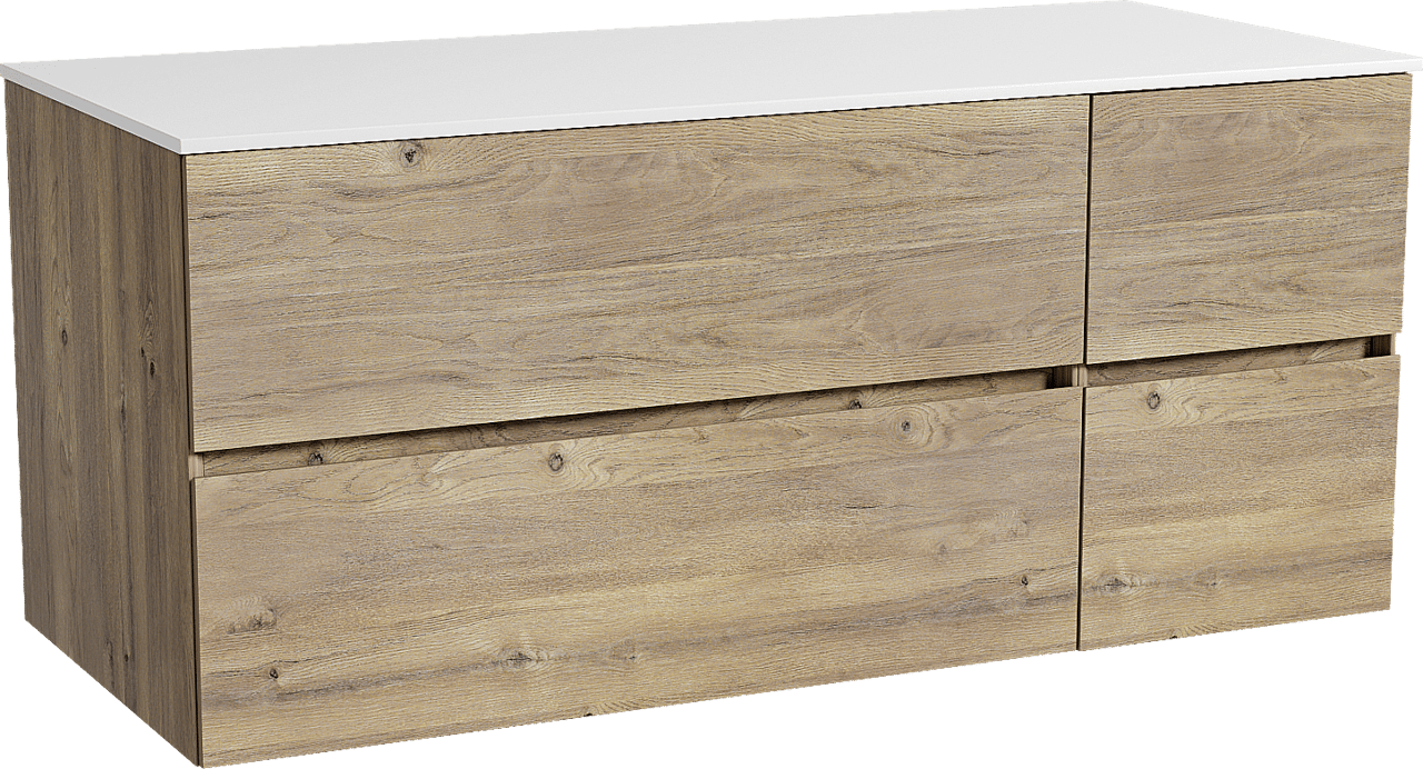 Storke Edge zwevend badkamermeubel 120 x 52 cm ruwe eik met Tavola enkel of dubbel tablet in solid surface mat wit