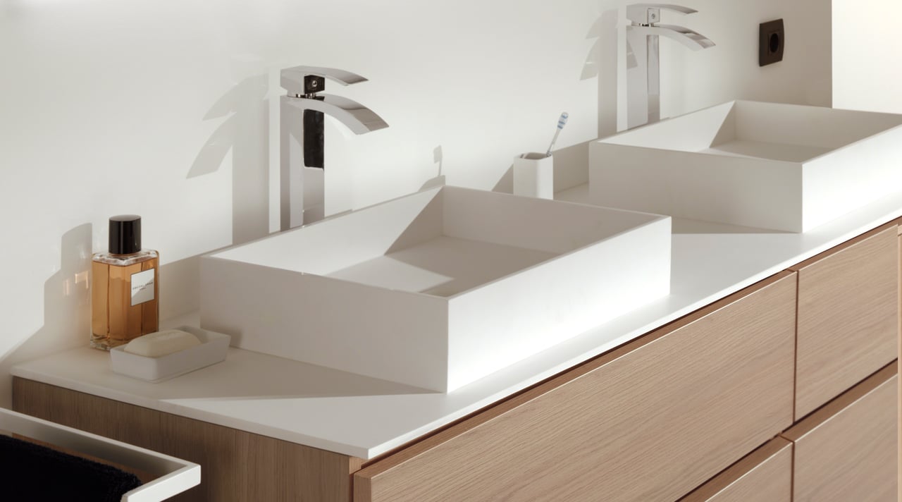 Balmani Stretto Einzel- oder Doppelwaschtischplatte, Solid Surface matt, 150 x 55 cm