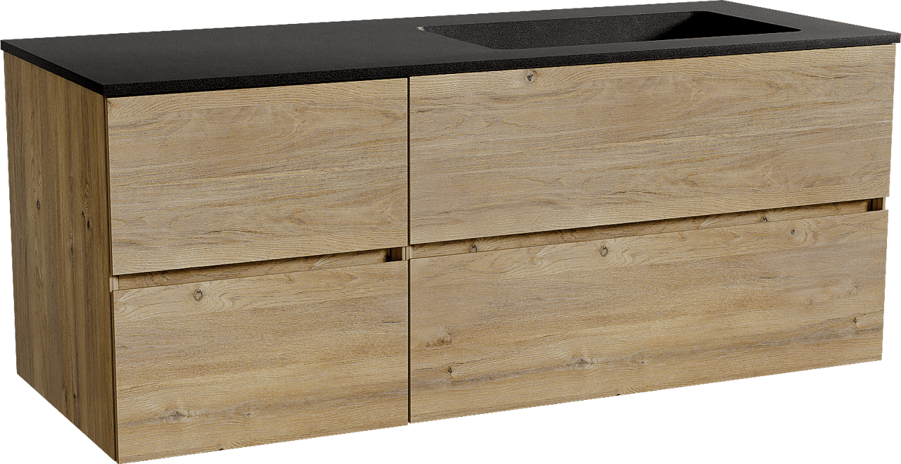 Storke Edge meuble salle de bains suspendu 130 x 52 cm chêne brut avec Scuro plan vasque asymétrique à droite en quartz noir mat