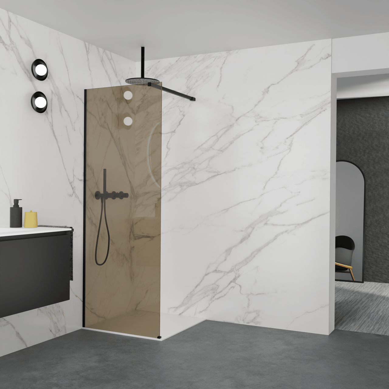 Balmani Modular inloopdouche: 80 x 200 cm, Brons glas met coating, Mat zwarte profielen