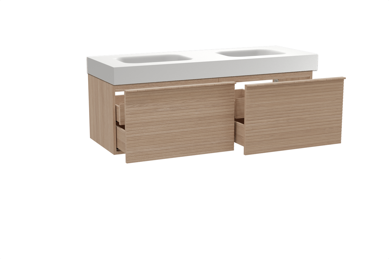 Balmani Forma zwevend badkamermeubel 150 x 55 cm natuur eik met Arcato dubbele wastafel in solid surface mat wit, Horizontale symmetrische rechte ribbel