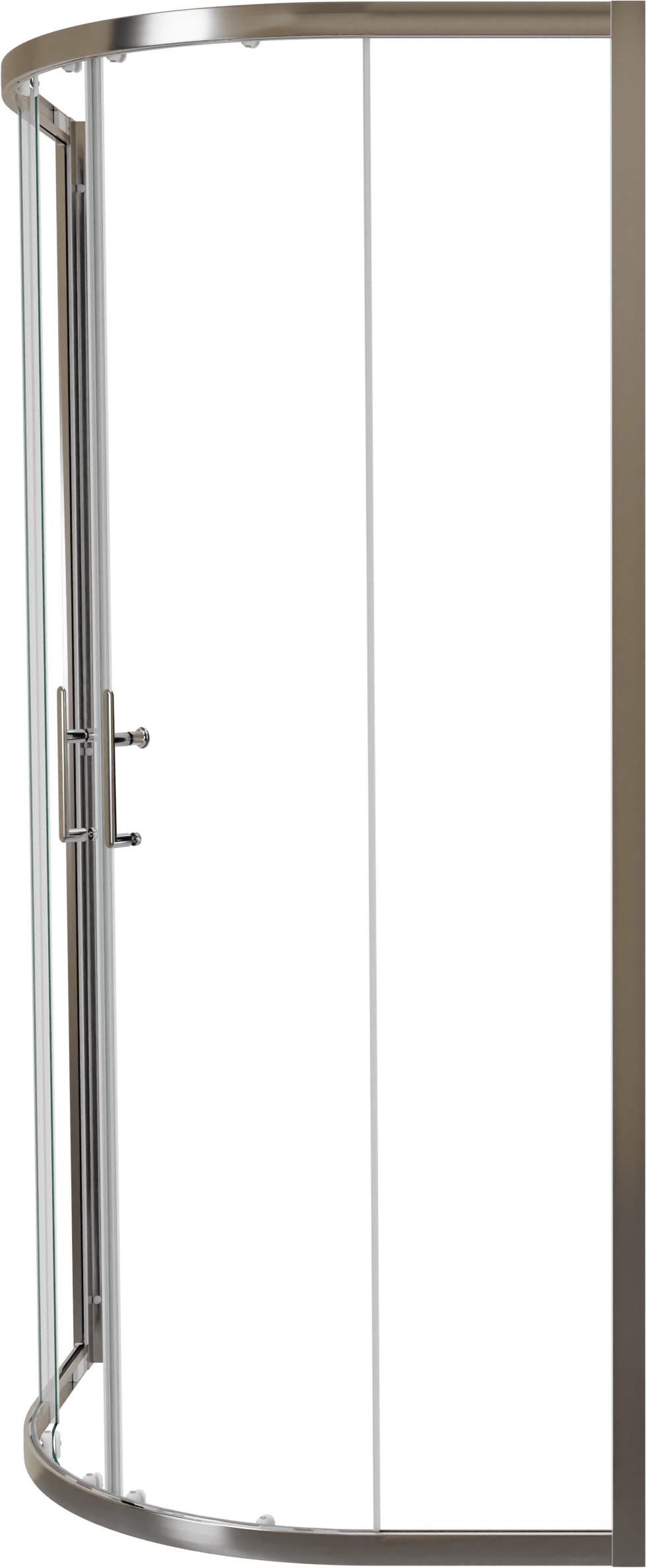 Linie Cadiz coin douche avec entrée d'angle avec double porte coulissante quart de rond 90 x 90 cm Verre transparent profil Brushed Chrome