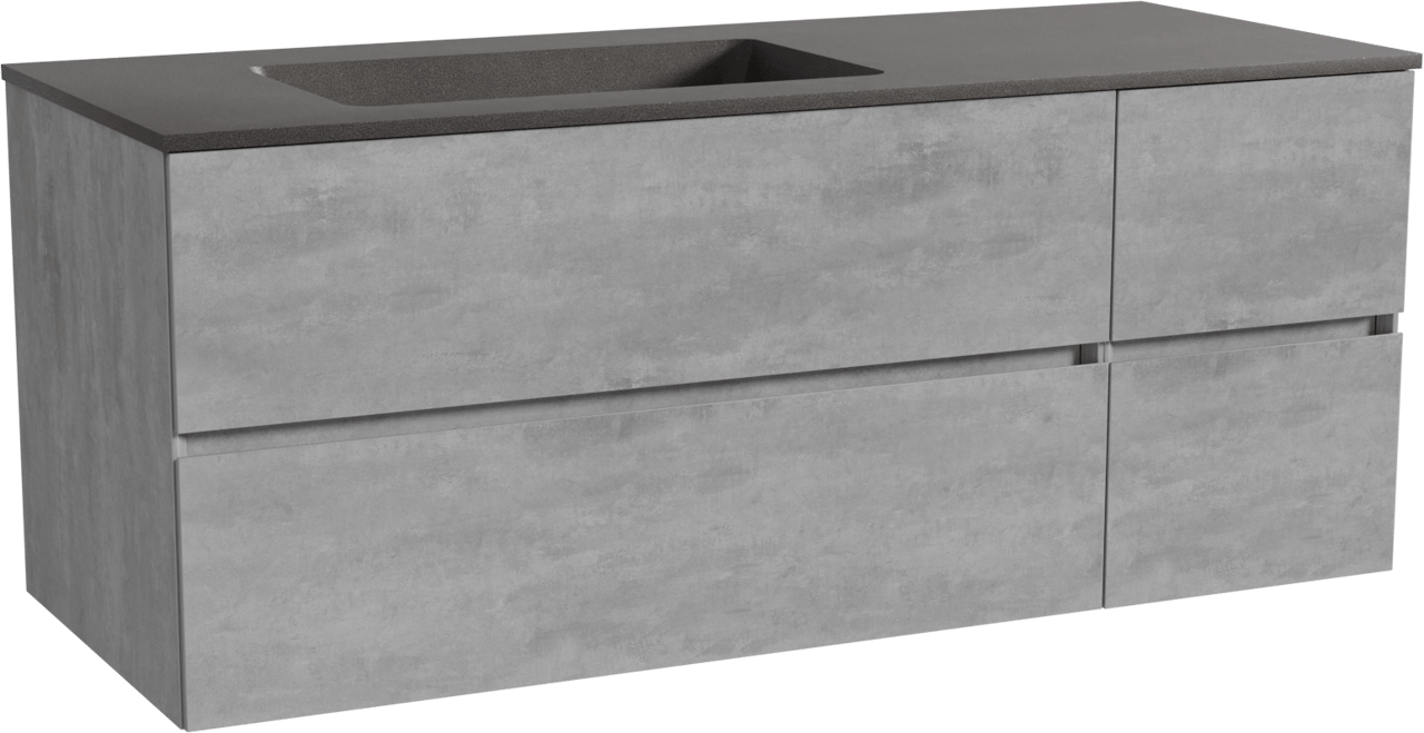 Storke Edge zwevend badmeubel 130 x 52 cm beton donkergrijs met Scuro asymmetrisch linkse wastafel in kwarts mat zwart