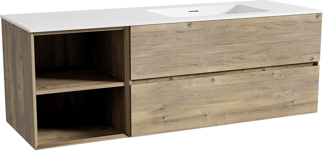 Storke Edge zwevend badkamermeubel 150 x 52 cm ruwe eik met Mata asymmetrisch rechtse wastafel in solid surface mat wit