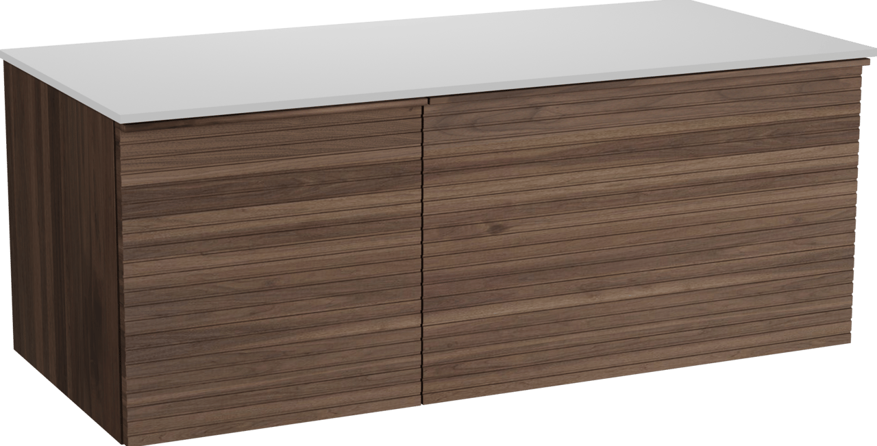 Balmani Forma meuble salle de bains suspendu 120 x 55 cm noyer américain avec Stretto tablette simple ou double en solid surface blanc mat, Nervure droite symétrique horizontale
