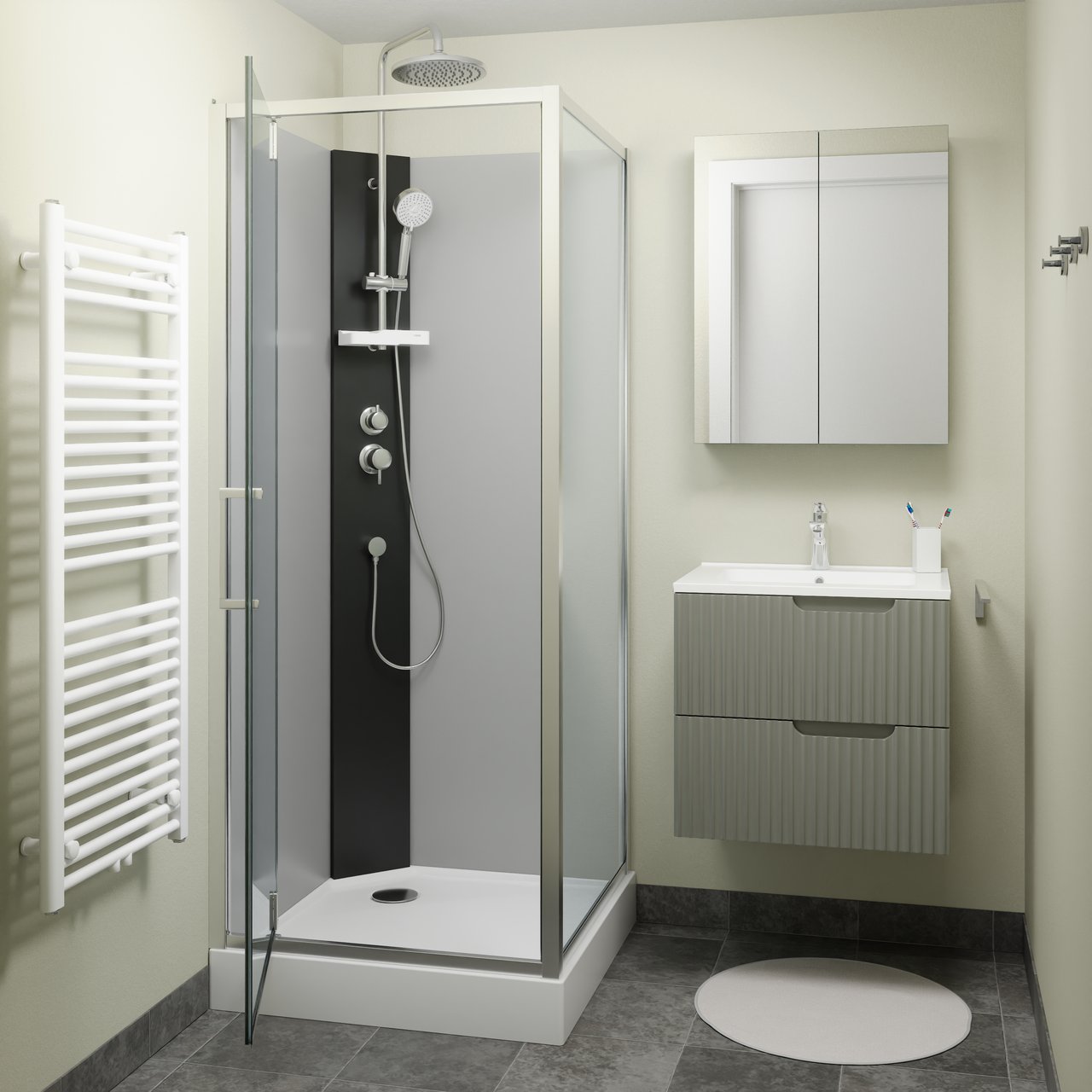 Linie Salta cabine de douche avec portes pivotantes 80 x 80 cm verre transparent profil chrome avec robinet