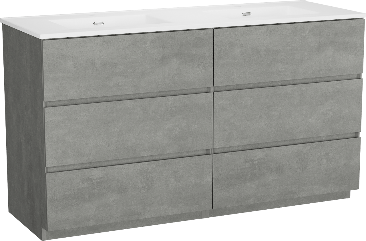Storke Edge staand badkamermeubel 150 x 52 cm beton donkergrijs met Kera dubbele wastafel in porselein mat wit, afvoerpluggen inbegrepen