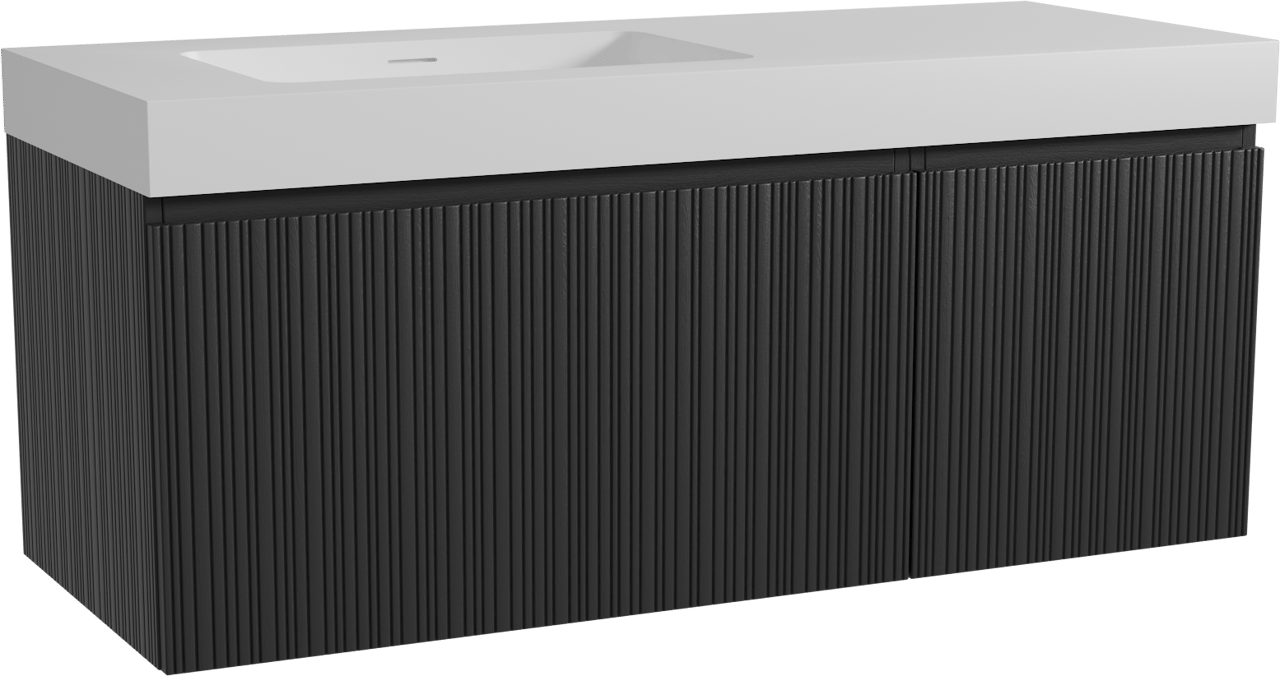 Storke Ribs hängendes Möbelstück Set: 130 x 52 cm, Schwarze Eiche, mit Mata High Waschtisch links, Solid Surface, Weiß matt, Vertikale asymmetrische gerade Rippe