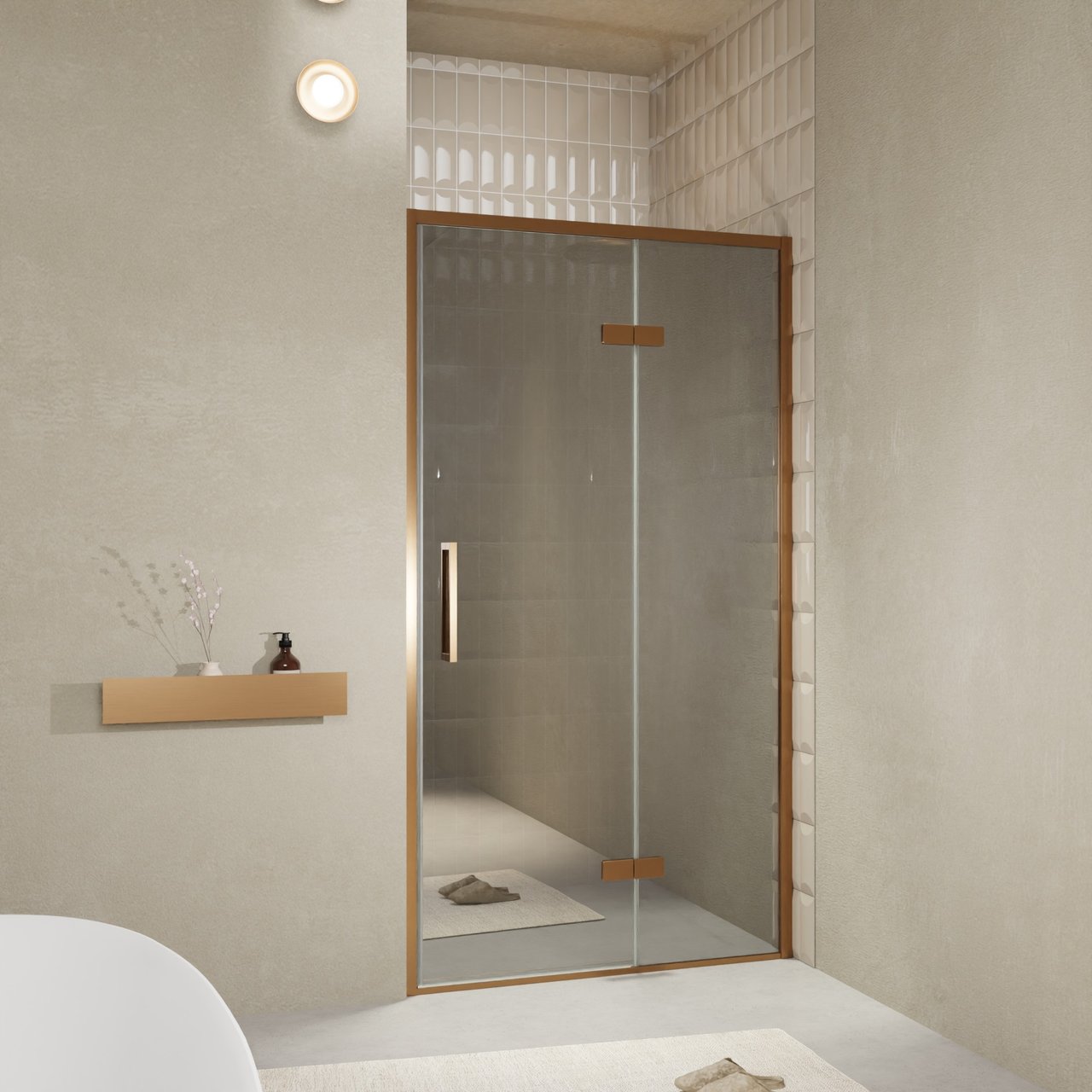 Balmani Senses Design porte pivotante à droite 120 cm x 210 cm verre Miroir Reflex, Profil Brushed Rosegold, coating inclus