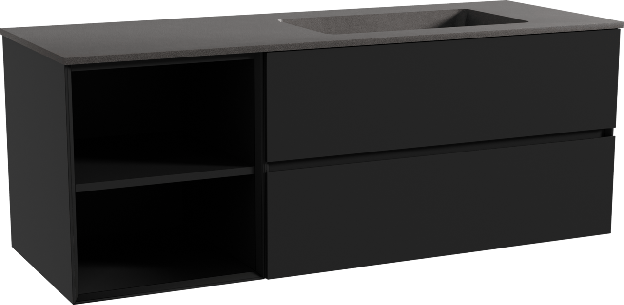 Storke Edge zwevend badmeubel 140 x 52 cm mat zwart met Scuro asymmetrisch rechtse wastafel in kwarts mat zwart