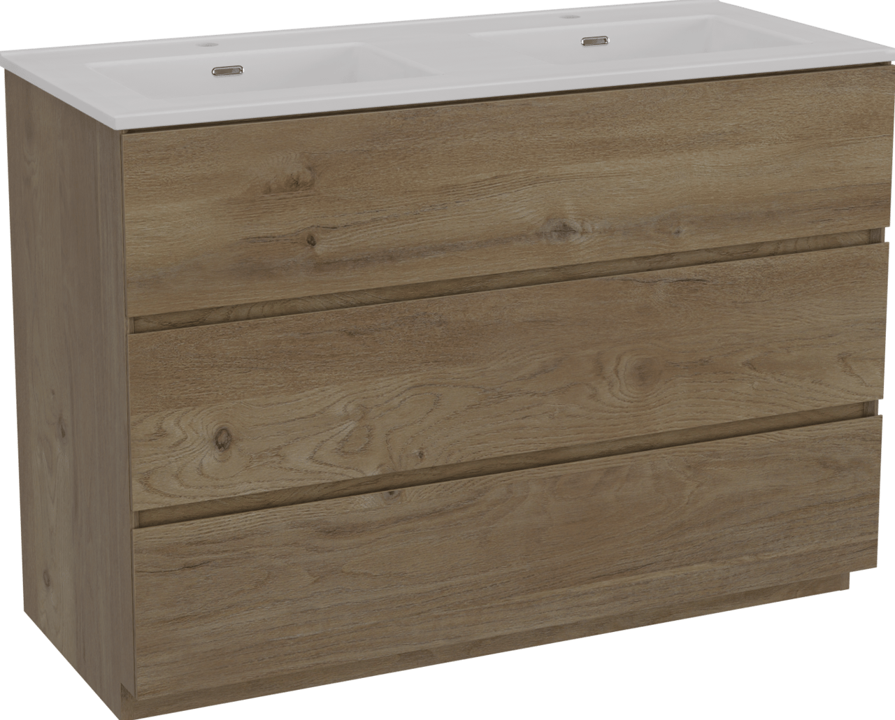 Storke Edge staand badmeubel 120 x 52 cm ruw eiken met Kera dubbele wastafel in porselein hoogglans wit, afvoerpluggen inbegrepen