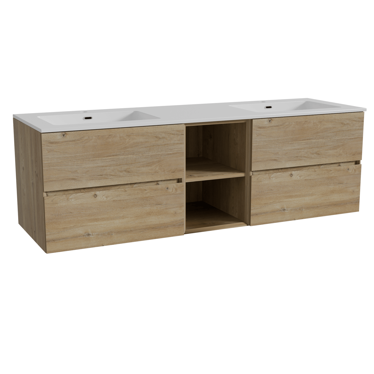 Storke Edge meuble salle de bains suspendu 165 x 52 cm chêne brut avec Diva double vasque en marbre composite blanc brillant