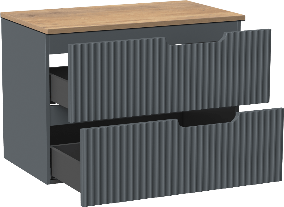 Linie Ribbo zwevend badkamermeubel 80 x 46 cm blauw antraciet met Lado enkel tablet in melamine natuur eik, Verticale symmetrische ronde ribbel
