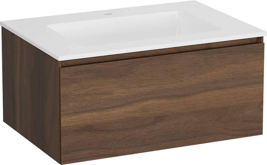Storke Edge hängendes Möbelstück Set: 75 x 52 cm, Nussbaum, mit Bilia Einzelwaschtisch, Marmorkomposit Weiß glänzend