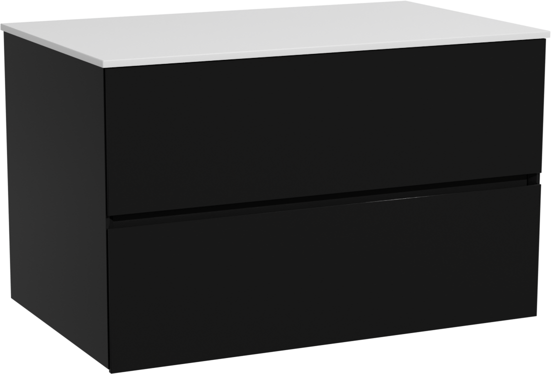 Storke Edge zwevend badmeubel 85 x 52 cm mat zwart met Tavola enkel wastafelblad in solid surface mat wit