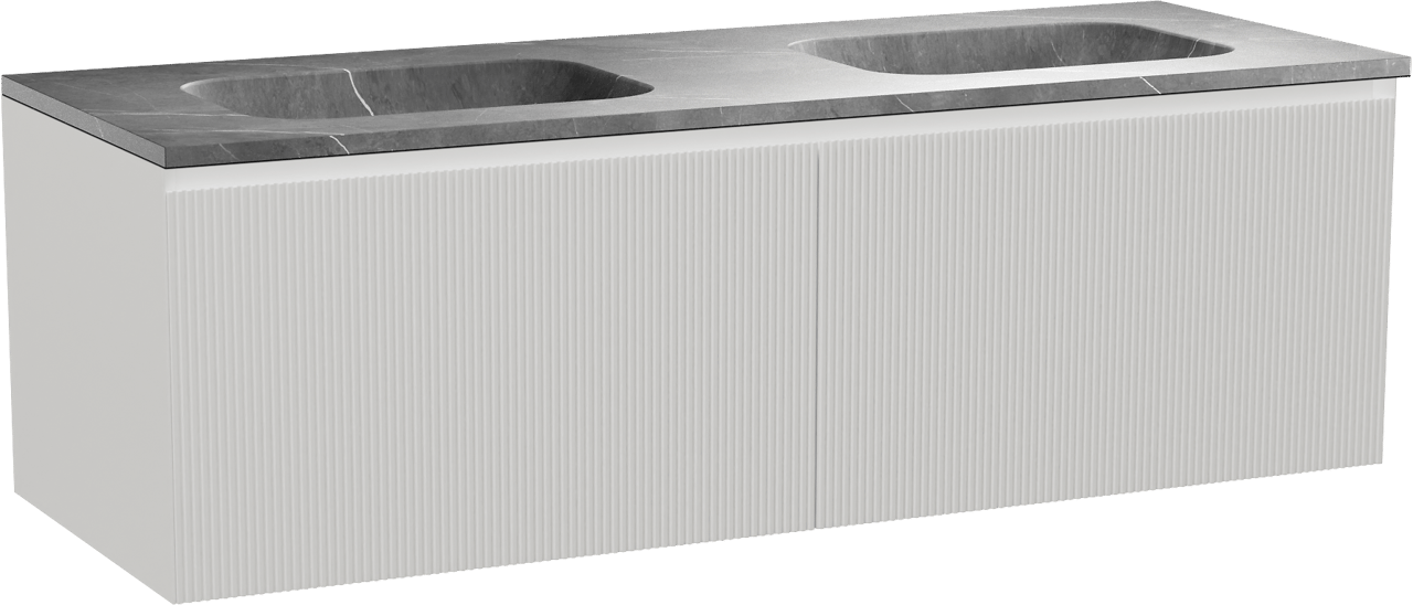 Balmani Fila by Mitra zwevend badmeubel 150 x 55 cm mat wit met Tablo Arcato dubbele wastafel in marmer pietra grey, Verticale symmetrische rechte ribbel