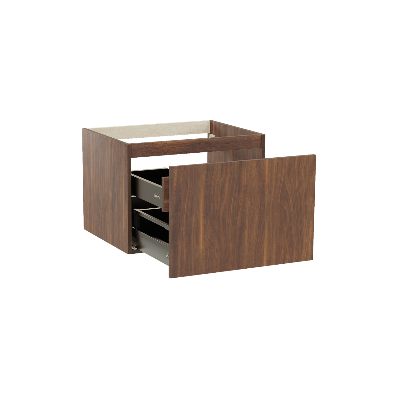 Balmani Sfera by Lucida hängender Waschbeckenunterschrank: 67,5 x 55 cm, Amerikanischer Nussbaum, 2 Schubladen