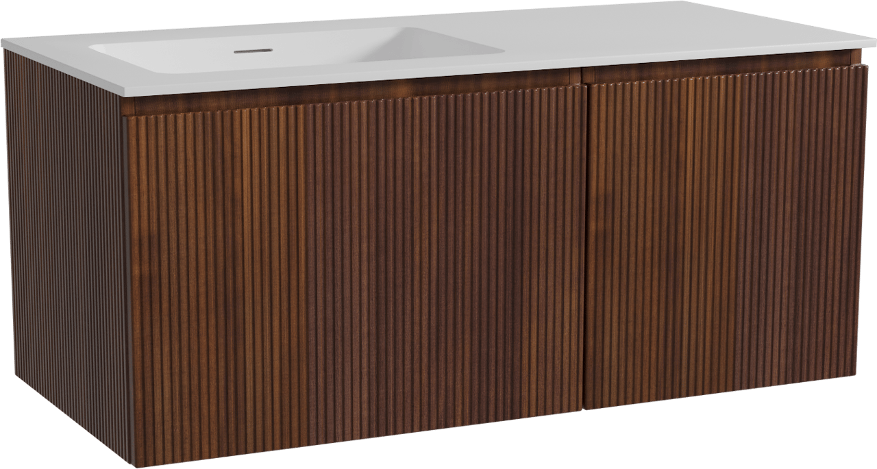 Storke Ribs hängendes Möbelstück Set: 110 x 52 cm, Nussbaum, mit Mata Waschtisch links, Solid Surface, Weiß matt, Vertikale symmetrische gerade Rippe