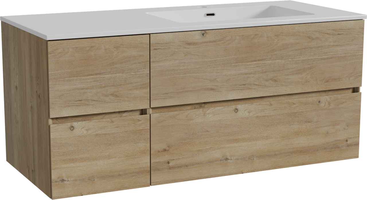Storke Edge zwevend badkamermeubel 120 x 52 cm ruwe eik met Diva asymmetrisch rechtse wastafel in composietmarmer glanzend wit