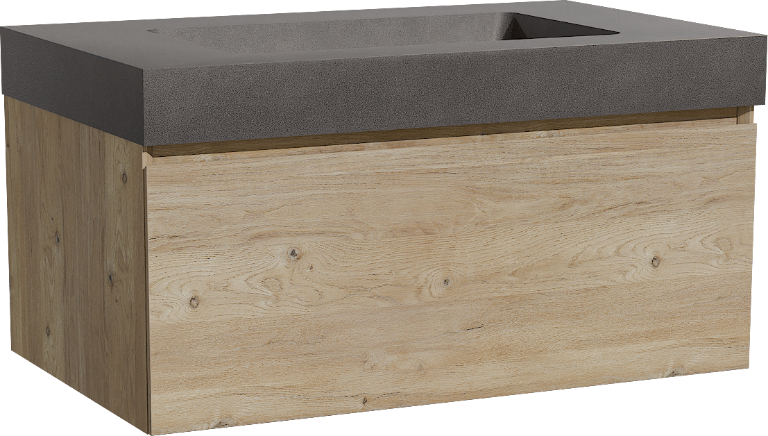 Storke Edge zwevend badmeubel 85 x 52 cm ruw eiken met Scuro High enkele wastafel in kwarts mat zwart