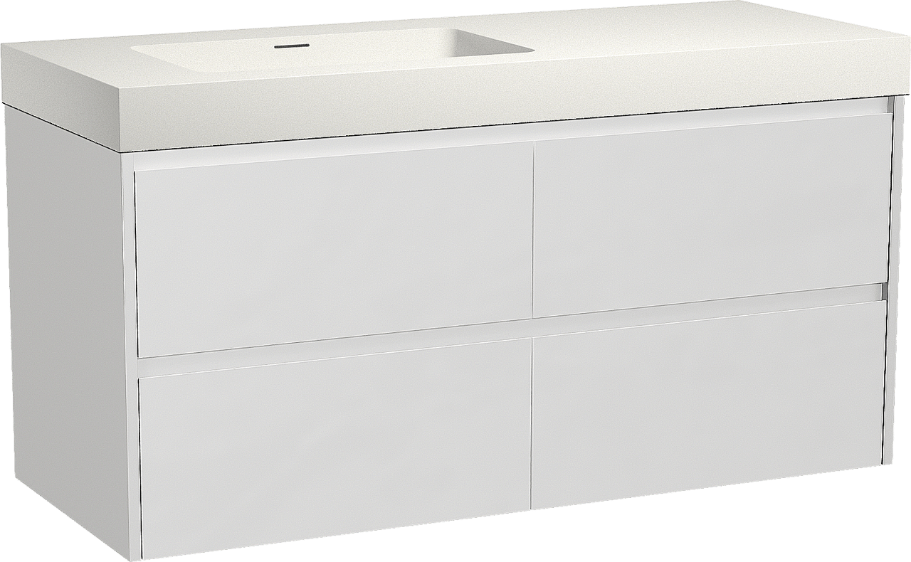 Storke Seda zwevend badkamermeubel 130 x 52 cm mat wit met Mata High asymmetrisch linkse wastafel in solid surface mat wit