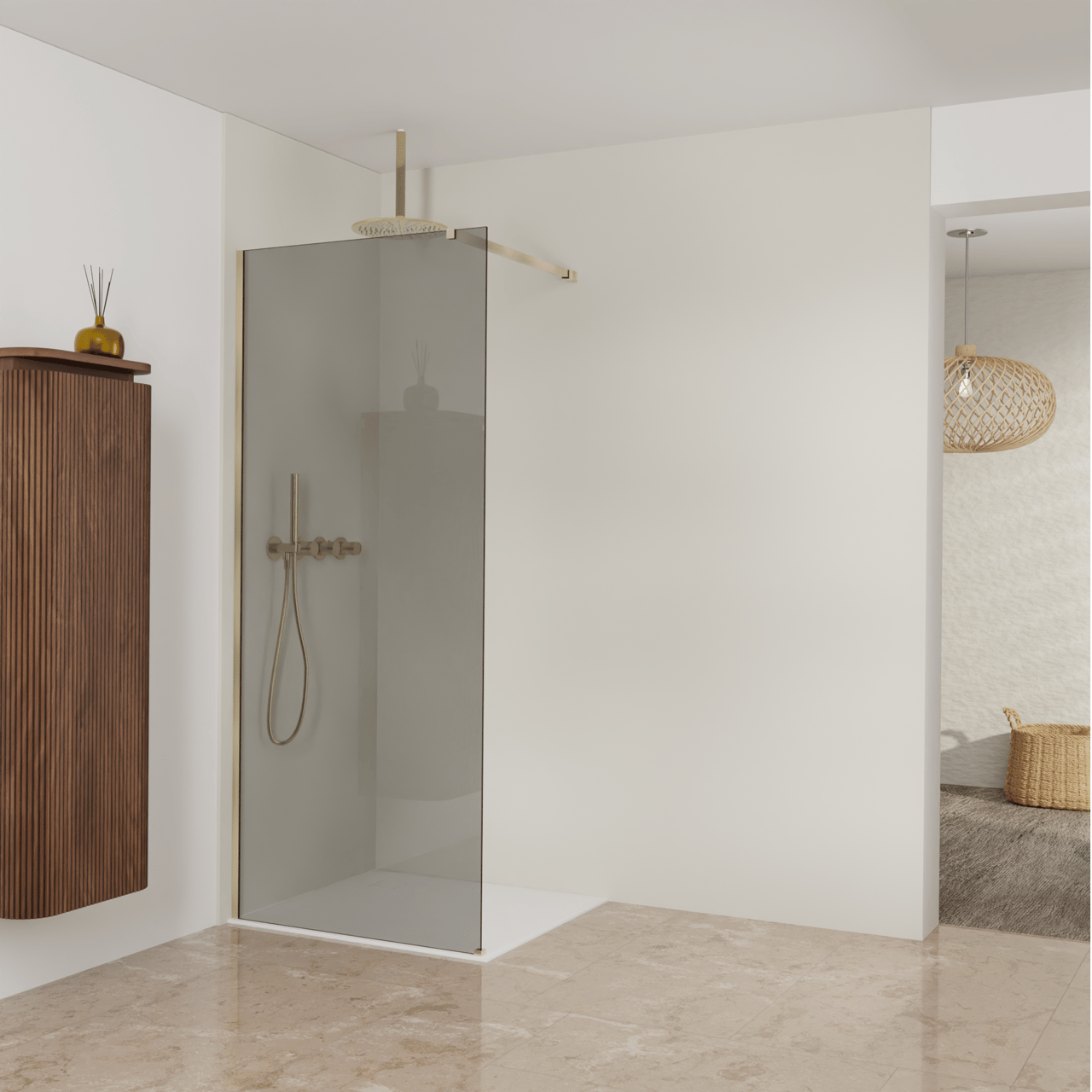 Balmani Modular douche à l'italienne: 90 x 200 cm, Verre fumé, avec coating, Profil Brushed Champagne Gold