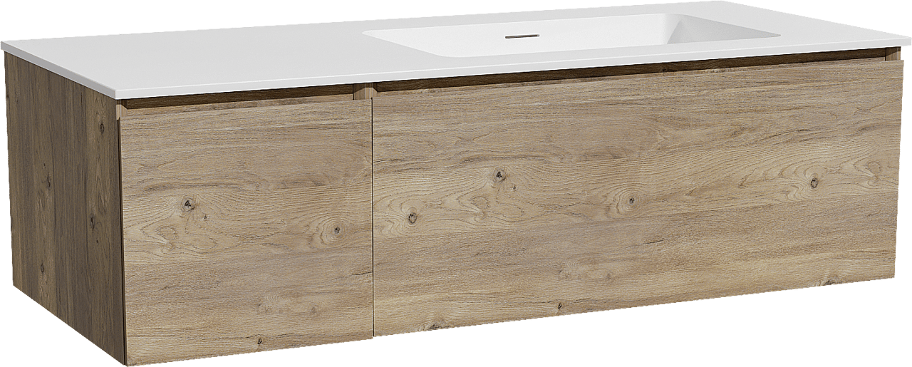 Storke Edge zwevend badmeubel 120 x 52 cm ruw eiken met Mata asymmetrisch rechtse wastafel in solid surface mat wit