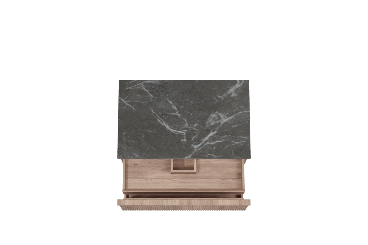 Balmani Forma hängendes Möbelstück Set: 90 x 55 cm, Teak, mit Stretto Einzel Waschtischplatte, Marmor, Pietra Grey, Vertikale symmetrische gerade Rippe