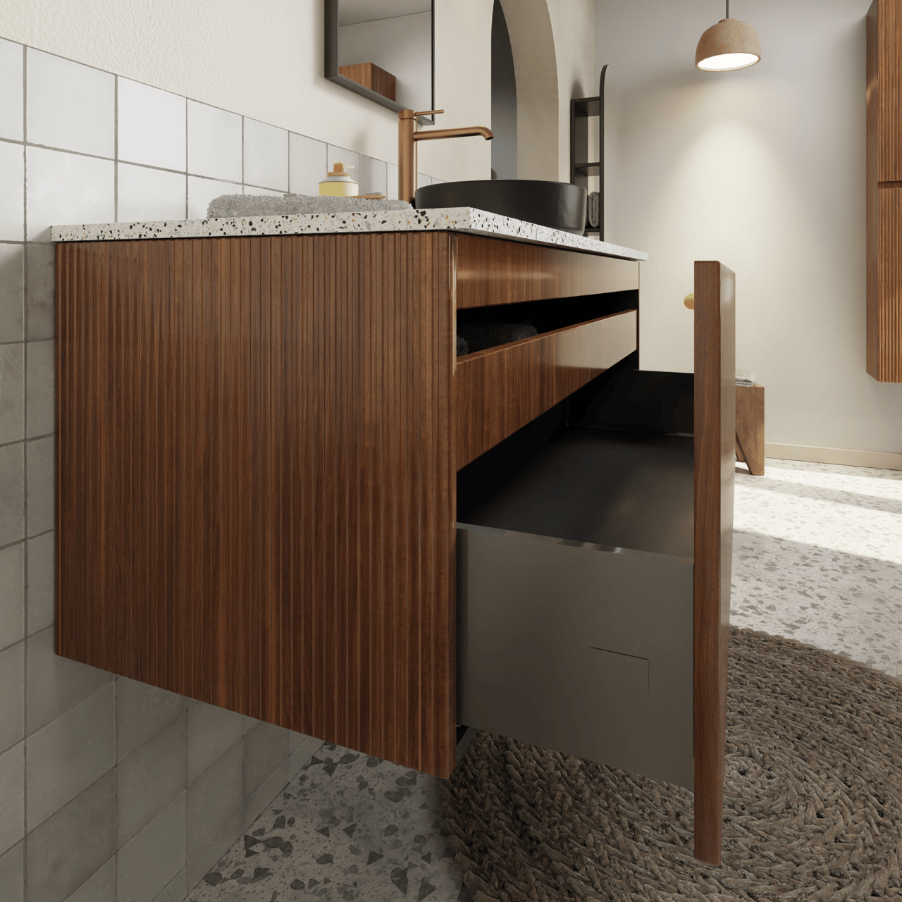 Storke Ribs meuble sous-lavabo suspendu 120 x 52 cm noyer 2 tiroirs