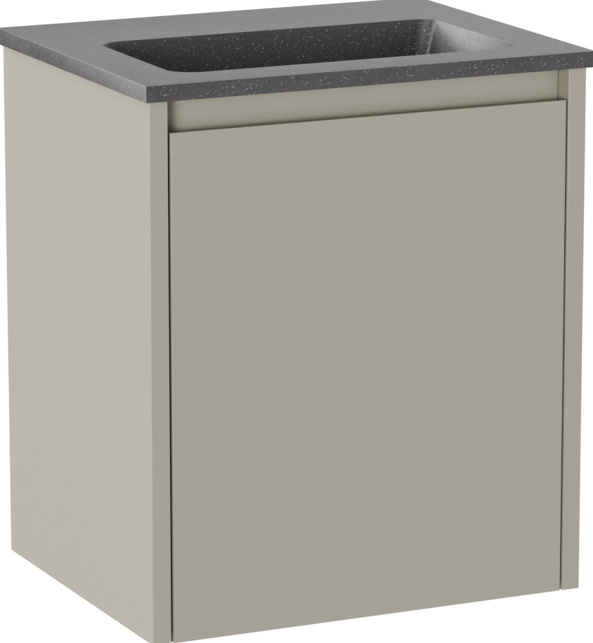 Storke Seda meuble salle de bains suspendu 45 x 35 cm soie grise avec Scuro plan simple en Quartz noir mat