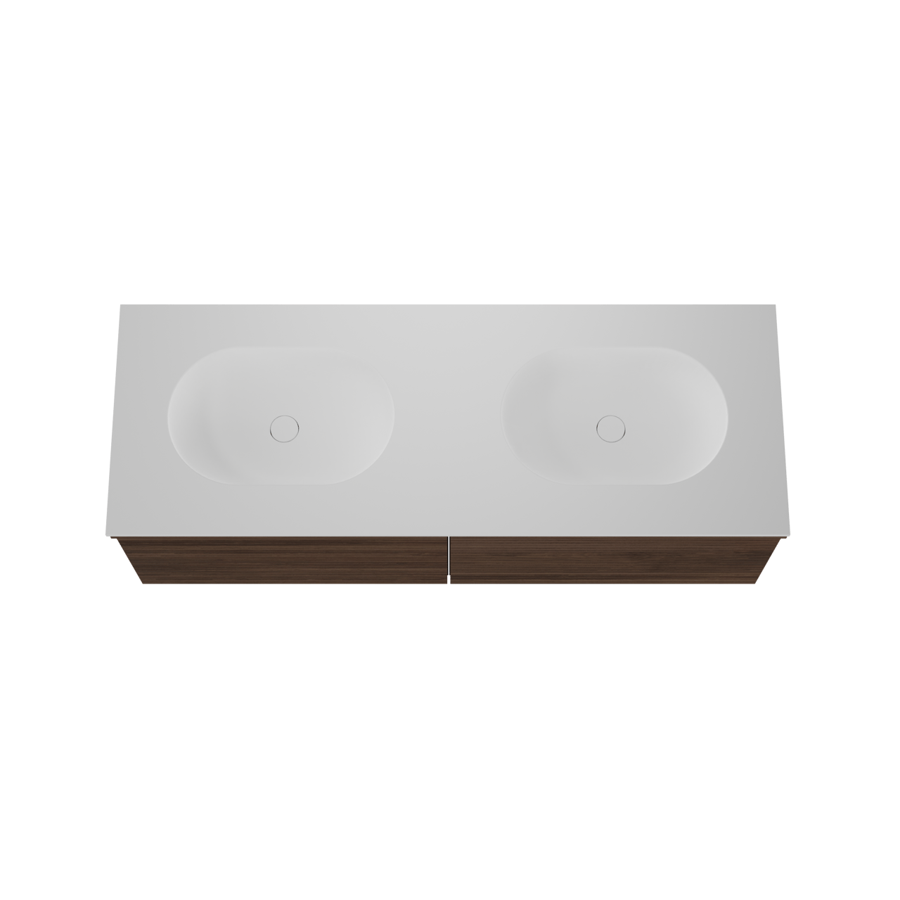 Balmani Forma zwevend badkamermeubel 150 x 55 cm amerikaanse notelaar met Tablo Oval dubbele wastafel in solid surface mat wit, Horizontale symmetrische rechte ribbel