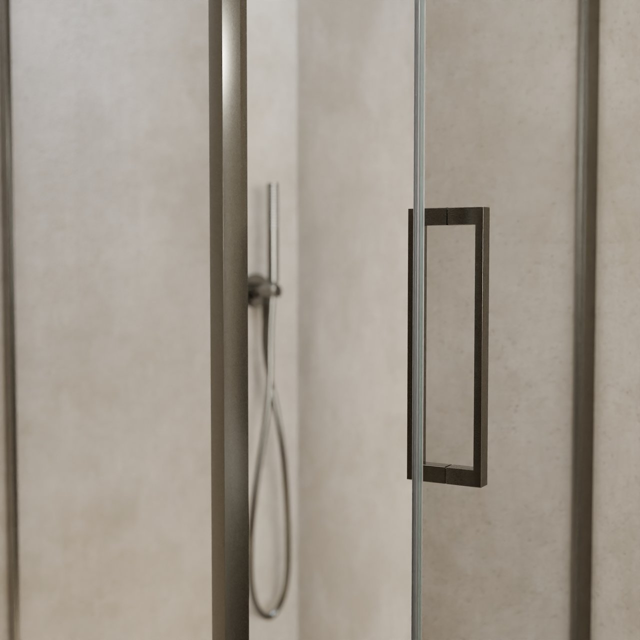 Balmani Senses Design douchehoek met rechtse draaideur en vaste zijwand, 90 x 90 cm, Helder glas, Brushed GunMetal profielen
