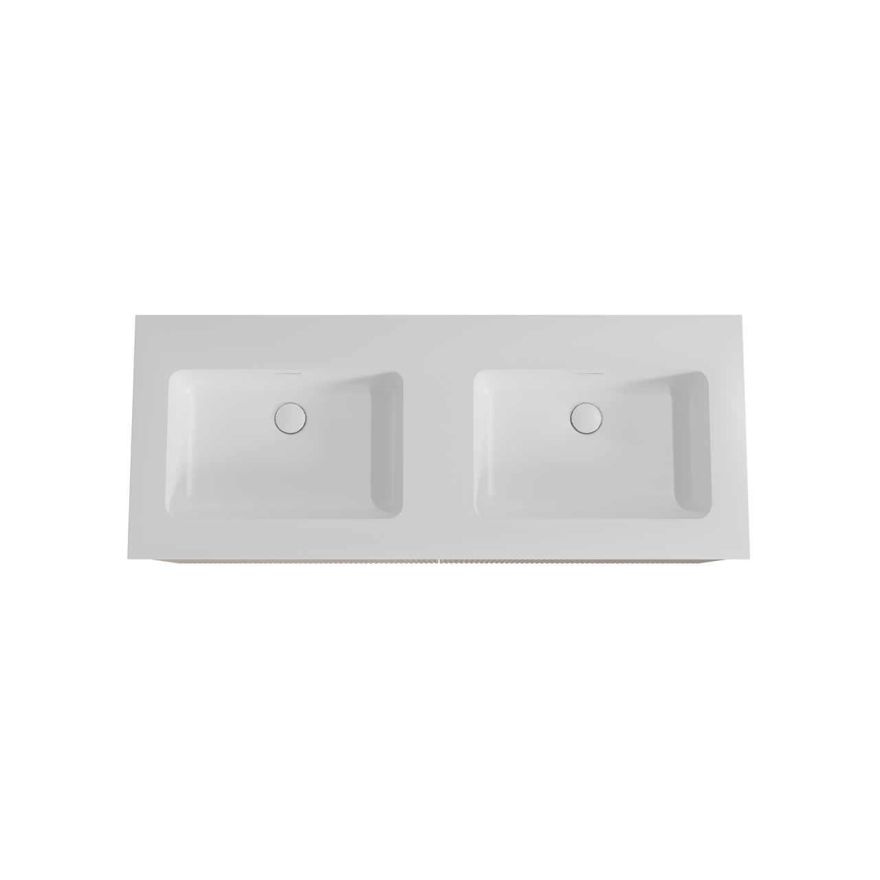 Storke Ribs zwevend badmeubel 130 x 52 cm ruw eiken met Mata dubbele wastafel in solid surface mat wit, Verticale symmetrische rechte ribbel