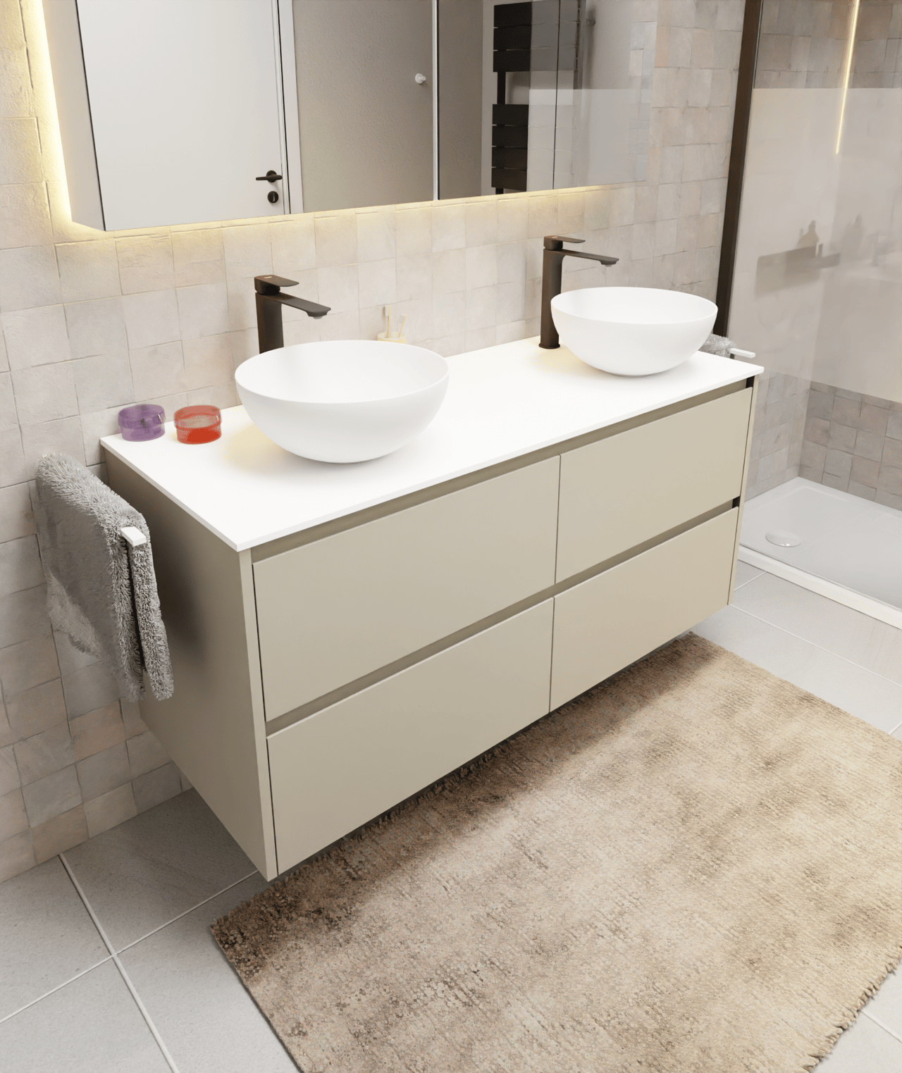 Storke Seda meuble sous-vasque suspendu 130 x 52 cm soie grise 4 tiroirs