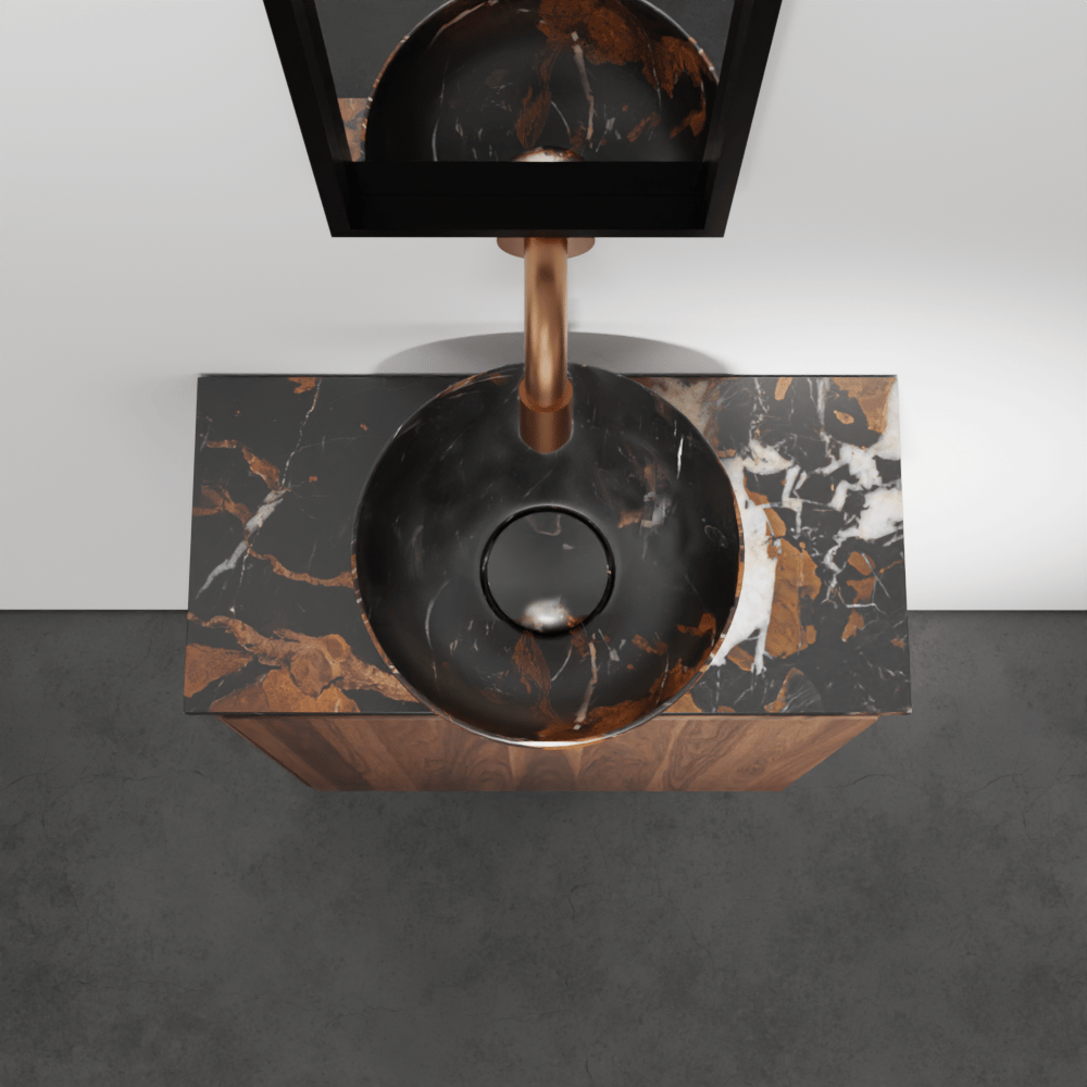 Balmani Mitra meuble wc suspendu 42 x 21 cm noyer américain avec Facetta tablette et Bari XS vaque à poser en marbre Portoro Gold