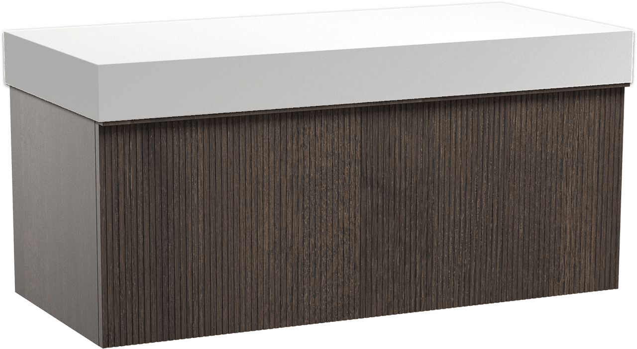 Balmani Forma zwevend badkamermeubel 120 x 55 cm gerookte eik met Dominus enkel of dubbel tablet in solid surface mat wit, Verticale symmetrische rechte ribbel