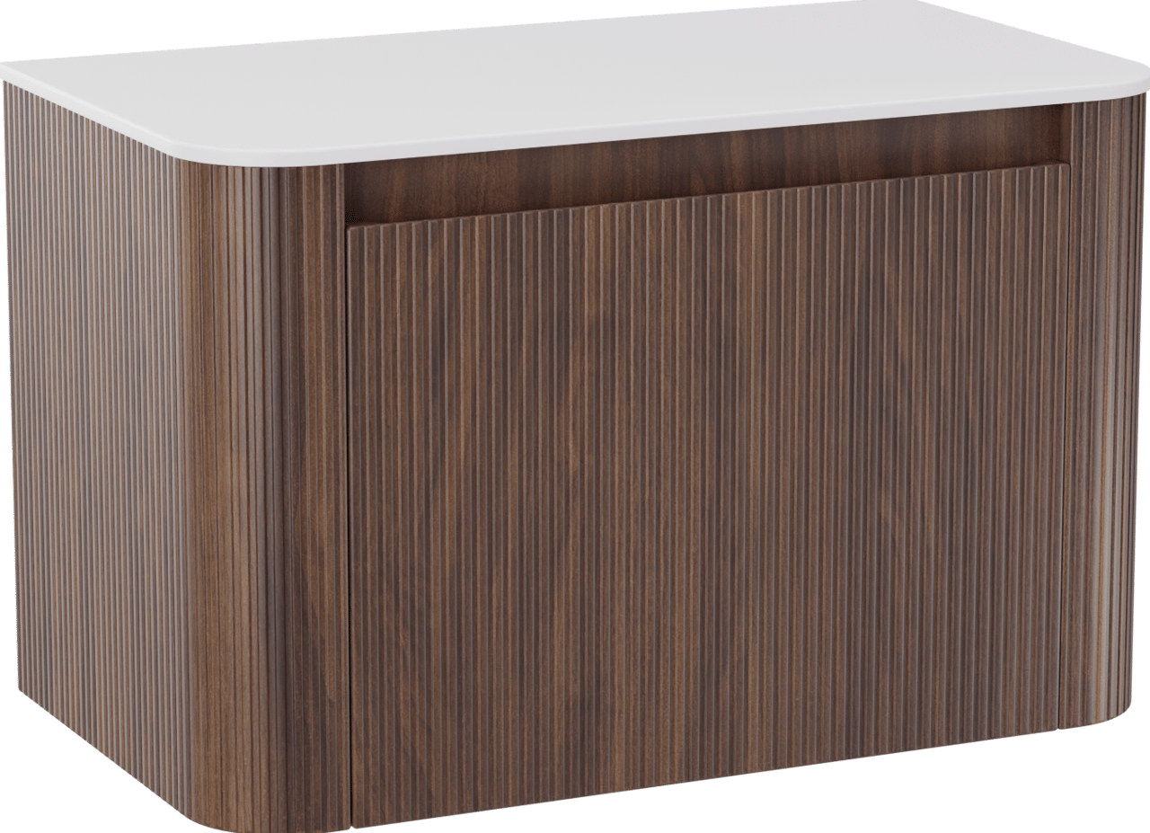 Storke Soft meuble salle de bains suspendu 80 x 46 cm noyer avec Tavola Soft tablette simple en Solid Surface blanc mat, Nervure droite symétrique verticale
