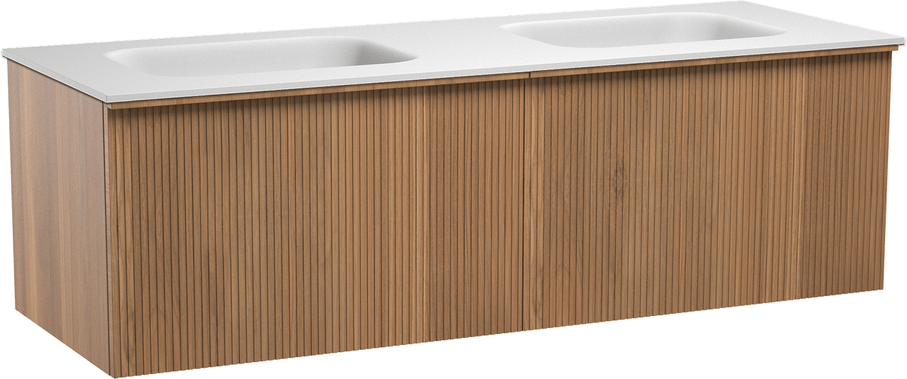 Balmani Forma zwevend badmeubel 150 x 55 cm teakhout met Tablo Arcato dubbele wastafel in solid surface mat wit, Verticale symmetrische rechte ribbel