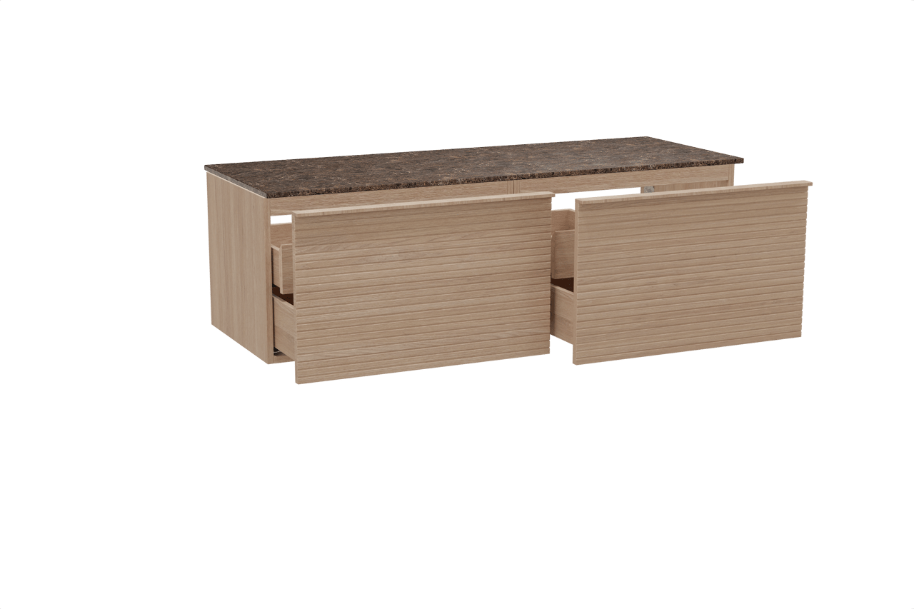 Balmani Forma hängendes Möbelstück Set: 150 x 55 cm, Naturbelassene Eiche, mit Stretto Einzel- oder Doppel Waschtischplatte, Marmor, Dark Emperador, Horizontale symmetrische gerade Rippe