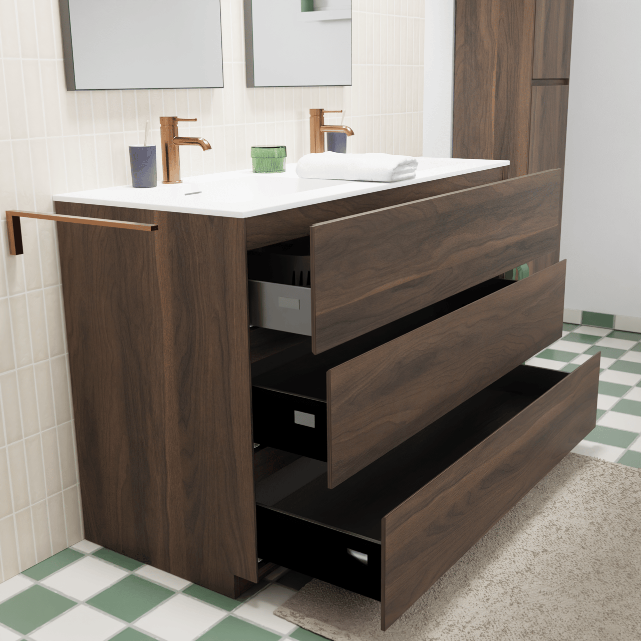 Storke Edge freistehendes Möbelstück Set: 120 x 52 cm, Nussbaum, mit Mata Doppelwaschtisch, Solid Surface Weiß matt