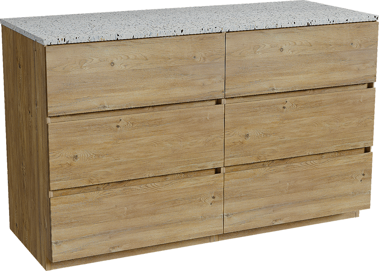 Storke Edge staand badkamermeubel 130 x 52 cm ruwe eik met Tavola enkel of dubbel tablet in mat wit/zwart terrazzo